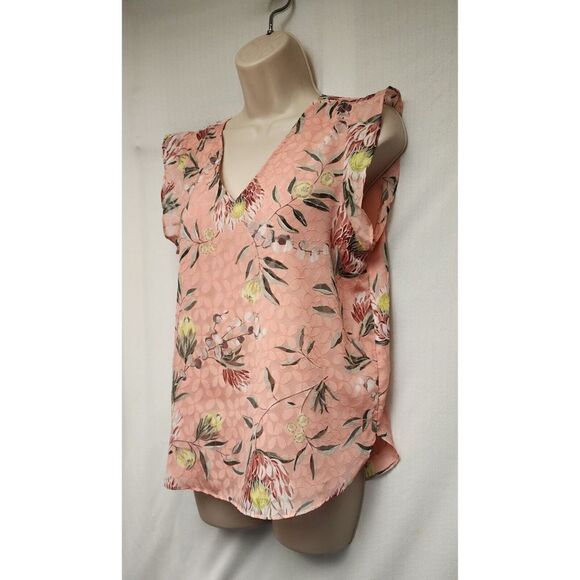 LOFT Pink Floral Flutter Sleeve V Neck Lined Tunic Blouse Size MP - Picture 4 of 7